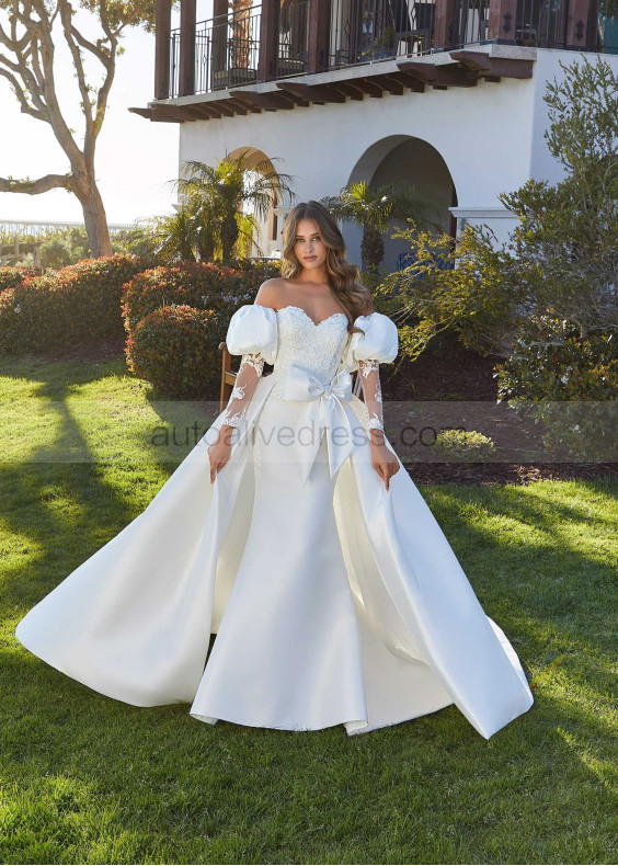 Ivory Lace Satin Elegant Wedding Dress With Detachable Sleeves Overskirt
